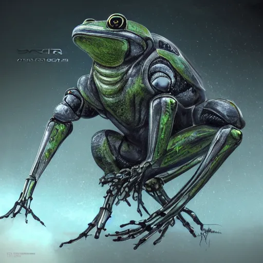 Image similar to photo of a robot frog in Crysis style, concept art, artstation, metallic, intircate details