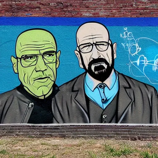 Prompt: a graffiti mural of breaking bad in the art style of Banksy