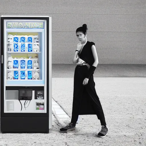 Prompt: a model wearing street fashion stands in a vast empty landscape next to a drinks vending machine