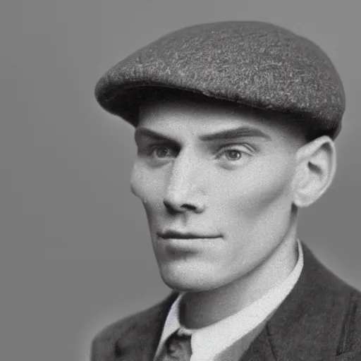 Image similar to A photograph portrait of Jerma985 wearing a newsboy cap in the early 1900s, taken in the early 1900s, grainy, taken on a early 1900s Kodak Camera, realistic, hyperrealistic, very realistic, highly detailed, very detailed, extremely detailed, detailed, digital art, trending on artstation