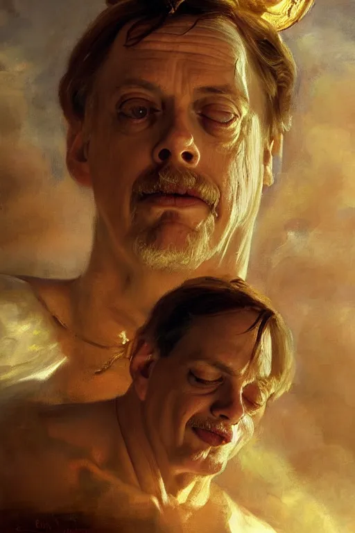 Image similar to beautiful oil painting portrait of ancient roman god emperor steve buscemi floating in the air wearing the civic crown levitating and ascending in a religious pose, ascension, art by anders zorn, wonderful masterpiece by greg rutkowski, expressive brush strokes, beautiful cinematic light, american romanticism by greg manchess, jessica rossier