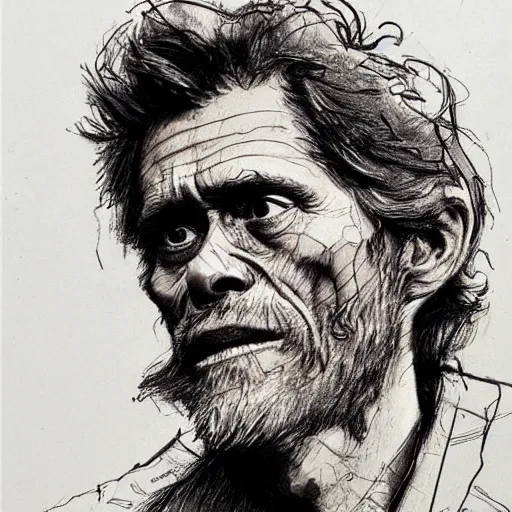 Image similar to a realistic yet scraggly portrait sketch of the side profile of a stern and sophisticated willem dafoe, trending on artstation, intricate details, in the style of frank auerbach, in the style of sergio aragones, in the style of martin ansin, in the style of david aja, in the style of mattias adolfsson