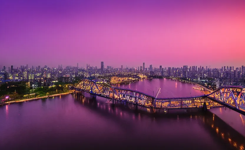 Image similar to a photo of wuhan, river, bridge, sunset, purple sky, cinematic, 8 k, highly - detailed