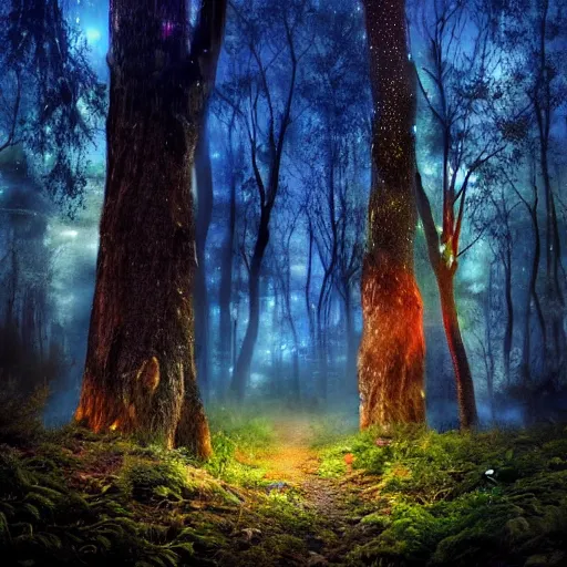 Prompt: enchanted forest with magical creatures at night with a blue hue with fireflies, real life, photograph, photorealistic, 4 k