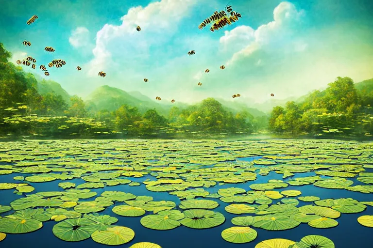 Prompt: simplicity, elegance, foliage overgrowing favela honeybee hive, art nouveau environment, lily pads in the sky, award winning art, epic dreamlike fantasy landscape, ultra realistic,