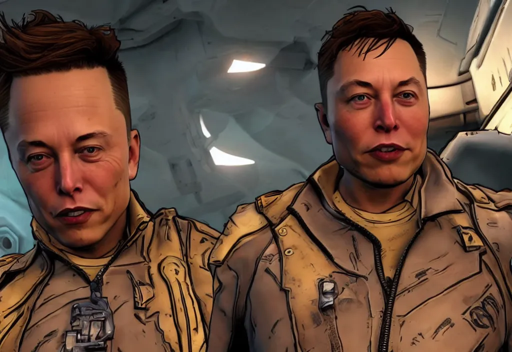 Image similar to elon musk in borderlands elon musk in the video game borderlands, gameplay screenshot, close up, 3 d rendering. unreal engine. amazing likeness. very detailed.