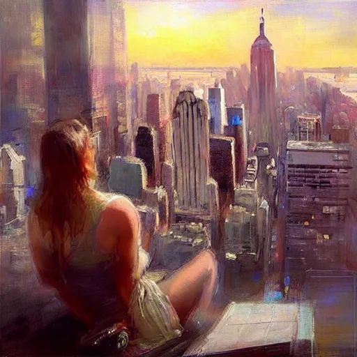 Image similar to “ girl sitting on a roof looking down at a futuristic new york city below, extremely detailed, by daniel gerhartz ”