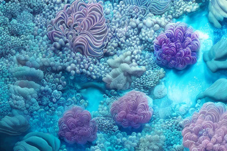 Prompt: stunning ultra realist soft painting waves underwater curiosities reflections and refractions corals carnival, symmetry accurate features, focus, very intricate ultrafine details, blue purple aqua colors, award winning masterpiece, octane render