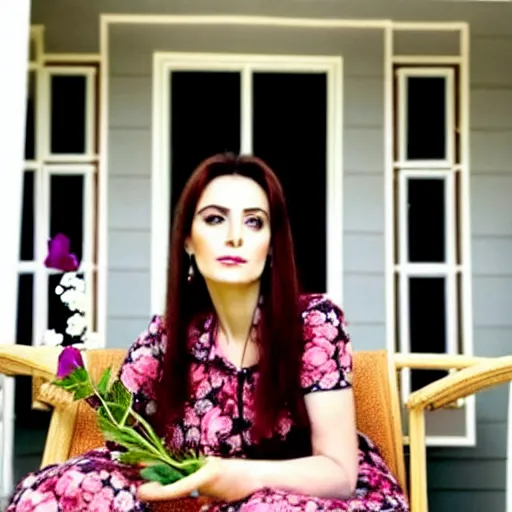 Image similar to a beautiful portrait of the turkish actress sumeyye aydogan, duy beni serial, sitting on the porch holding a flower, in front of the house