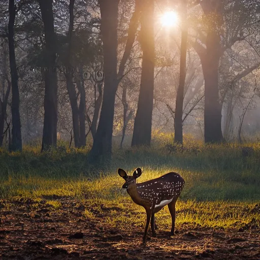 Prompt: a beautiful spotted deer in the woods lit by the morning sky, sunrise, chital, photorealistic, by annie leibovitz and steve mccurry, natural light, canon eos c 3 0 0, ƒ 1. 8, 3 5 mm, 8 k, medium - format print