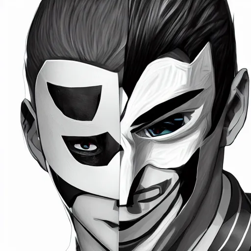 Image similar to detailed guy with mask made in persona style highly detailed high quality, 8k, smooth, art, art, detailed face,