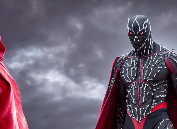 Image similar to film still of michael b jordan as spawn in the new spawn movie, giant chains, large cape, 8 k