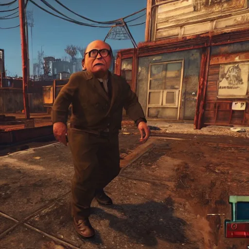 Image similar to in-game screenshot of Danny Devito in Fallout 4 (2016)