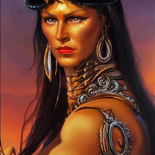 Image similar to detailed oil painting of tall hyper - muscular shining bronze - skinned warrior woman with silver eyes, wearing xena armor, full body, with long wavy flowing black hair and big gold earrings, jewelry, red lipstick, makeup, feminine, volumetric lighting, dynamic composition, art by boris vallejo, heavy metal magazine