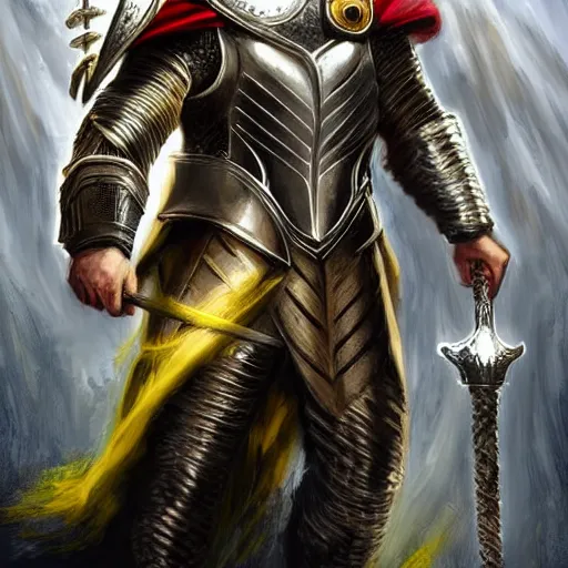 Prompt: A knight who looks like Thor with very short, slicked back, blonde hair style and a short beard, Athletic build. Wears chainmail with a blue robe and yellow cloak, Steel pauldrons, digital art, fantasy art, detailed, realistic, by Tony Sart