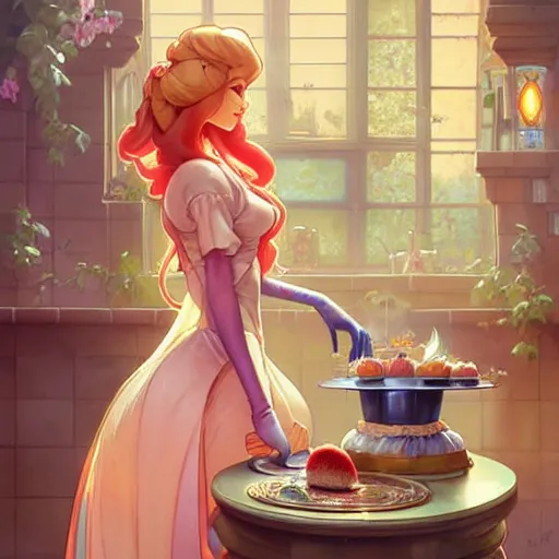 Image similar to princess peach baking a cake while that one weird computer mainframe watches her, art by artgerm and greg rutkowski and alphonse mucha