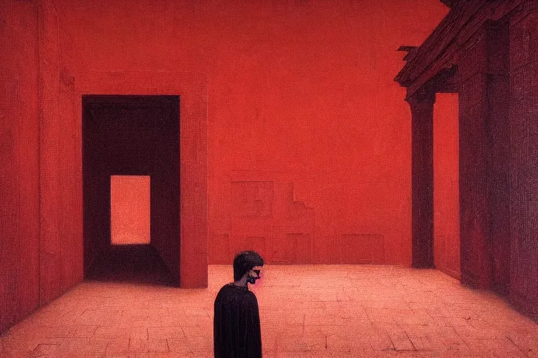 Image similar to only with red, caesar after win war, the deal, a red tiger, in hoc signo vinces, rome in background, an ancient path, in the style of beksinski, part by hopper, part by rodcenko, part by hofbauer, intricate composition, red by caravaggio, insanely quality, highly detailed, masterpiece, red light, artstation