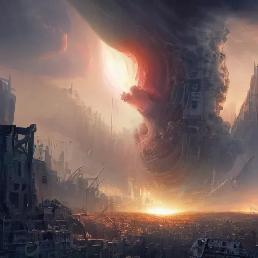 Image similar to movie still of a black hole destroying the city, large part of buildings are flying into the black hole, tornado, post apocalypse, epic art, highly detailed, art by marc simonetti, greg rutkowski 4 k