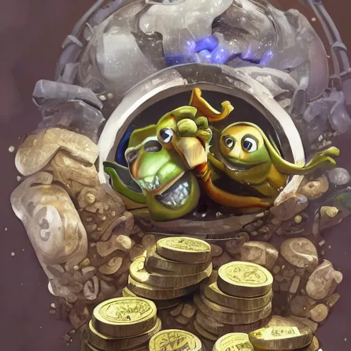 Image similar to super rich happy pepe, coins, gold, crystals, greg rutkowski