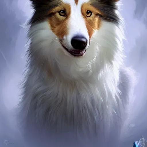 Image similar to a weredog shetland sheepdog, elegant, highly detailed, digital painting, concept art, smooth, sharp focus, illustration, art by artgerm and greg rutkowski and alphonse mucha,artstation,deviantart,FAN ART,Unreal Engine,face enhance,8K,golden ratio,cinematic lighting H 704