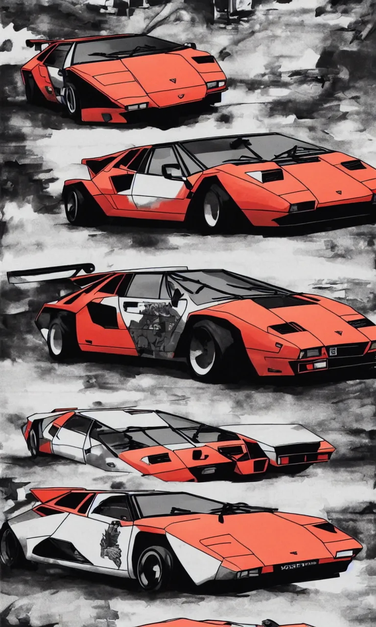 Image similar to a lamborghini countach, anime style, takumi fujiwara