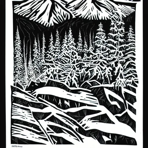 Forest Mountain Landscape Black and White Linocut Artwork Framed