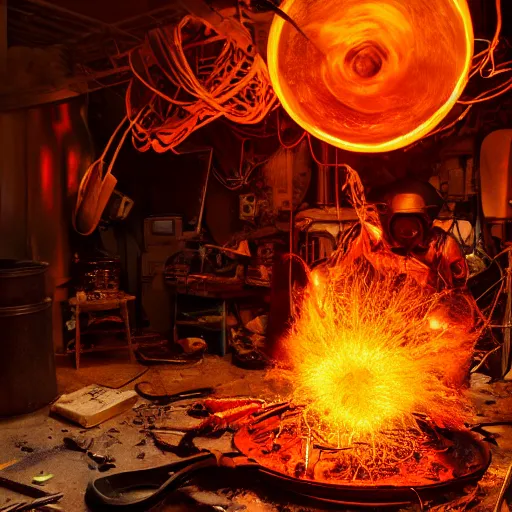 Image similar to fried egg in a red hot frying pan, tangles of metallic cables, dark messy smoke - filled cluttered workshop, dark, dramatic lighting, orange tint, sparks, plasma charges, cinematic, highly detailed, sci - fi, futuristic, movie still