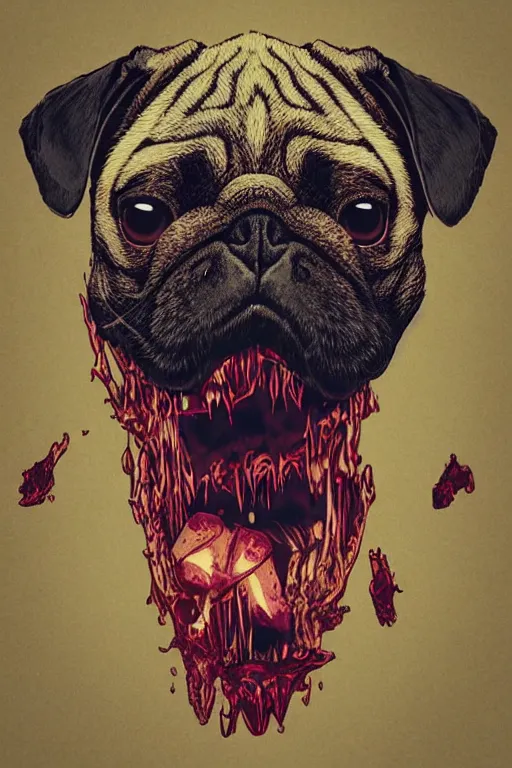 Image similar to demon pug eating flesh. art by mike winkelmann, sticker, colorful, illustration, highly detailed, simple, smooth and clean vector curves, no jagged lines, vector art, smooth, artstation