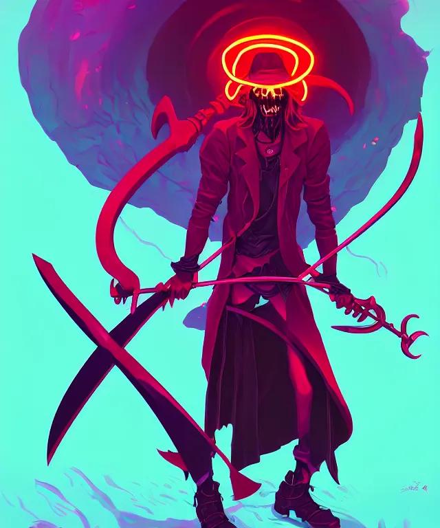 Image similar to a portrait of a neon grimm reaper holding a single scythe, fantasy, elegant, digital painting, artstation, concept art, matte, sharp focus, illustration, art by josan gonzalez