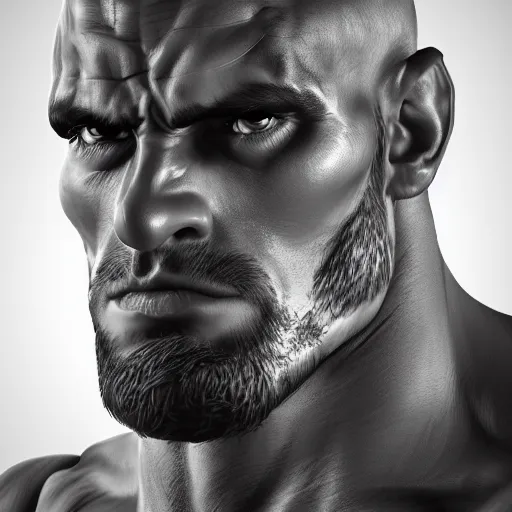 Prompt: overly muscular giant superhuman gigachad, grayscale, face closeup, epic, digital, highly - detailed, artstation cgsociety