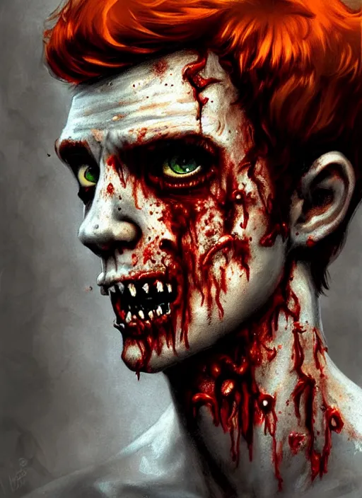 Image similar to portrait of zombie teenage archie andrews, red hair, curly hair, curly middle part, freckles, photorealistic, zombie, rotting skin, blind eyes, white eyes, zombie, intricate, elegant, orange, glowing lights, highly detailed, digital painting, artstation, concept art, sharp focus, illustration, art by wlop, mars ravelo and greg rutkowski