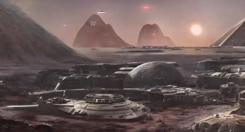 Image similar to the imperial base from Star Wars: Rogue One on Scarif placed on a volcanic planet concept art by Doug Chiang, cinematic,