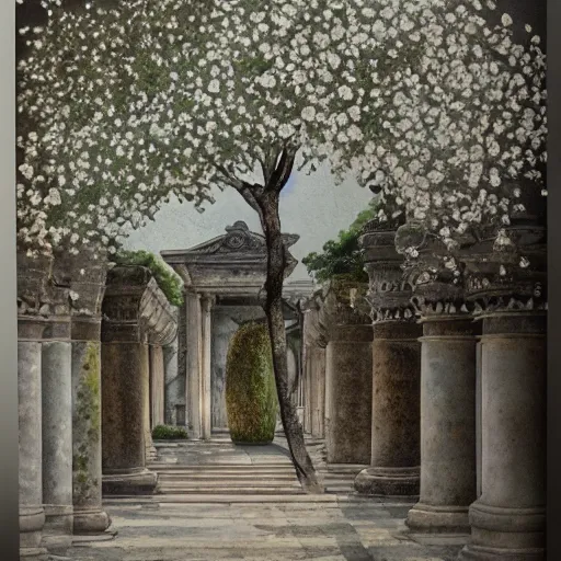 Prompt: delicate marble garden on paper, stony, puffy, botanical herbarium, botanic watercolors, iridescent, 8 k wide angle, realistic shaded, fine details, artstation, italian, colonnade, oak tree, hydrangea, gardena architecture, pompeii