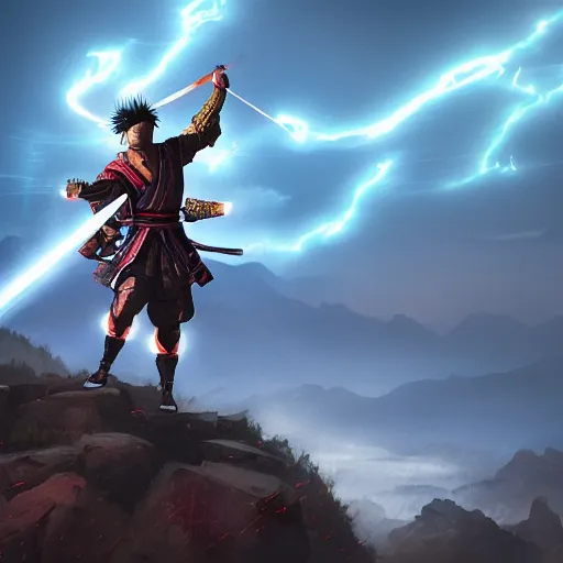 Prompt: UHD Samurai in a cosmic lightning storm on top of a mountain, lighting striking his sword, painted in the style of Greg Rutkowski, Toriyama and Todd McFarlane