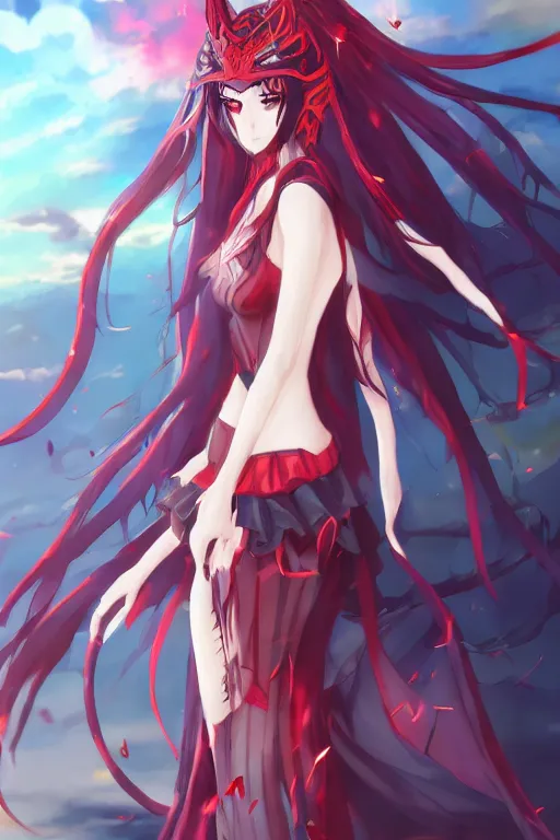 Image similar to a anime of beautiful full body concept art, ultra beautiful face, queen of hell wearing full fire clothing standing in a field, pixiv fanbox