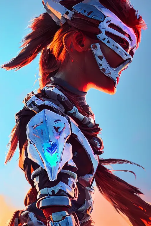 Image similar to combination suit armor aloy horizon forbidden west horizon zero dawn radiating a glowing aura global illumination ray tracing hdr fanart arstation by ian pesty and alena aenami artworks in 4 k tribal robot ninja mask helmet backpack