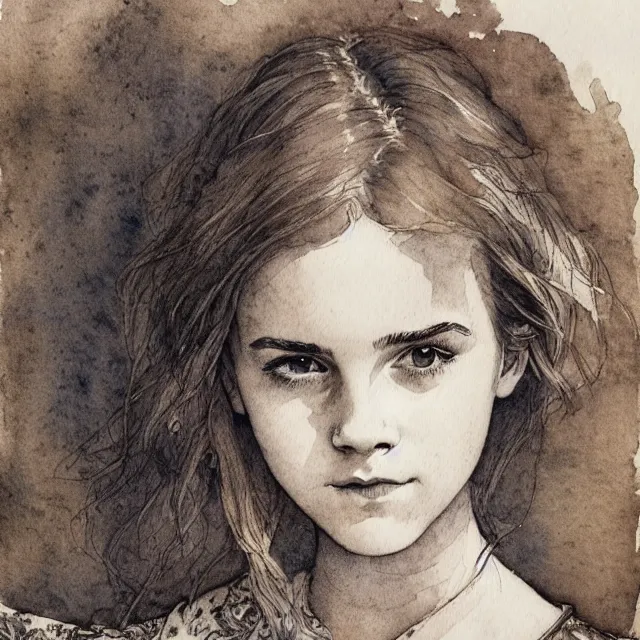 Prompt: a detailed, intricate watercolor and ink portrait illustration with fine lines of young 1 4 year old emma watson looking over her shoulder, very very happy!, by arthur rackham and edmund dulac and lisbeth zwerger