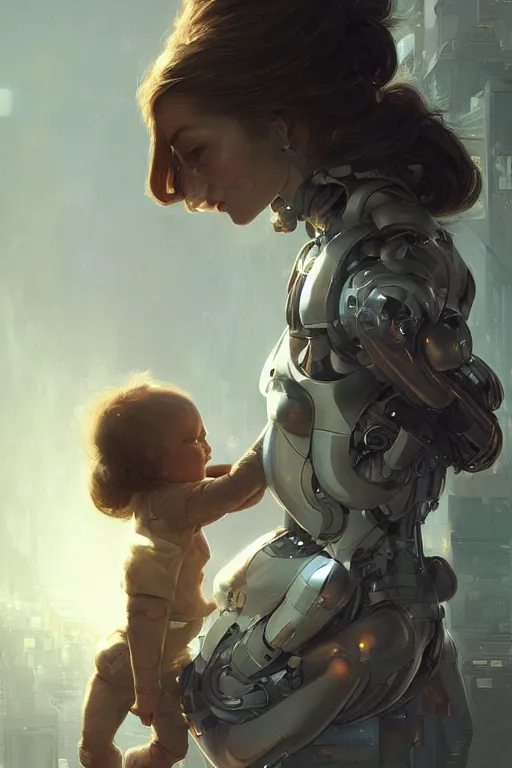 Image similar to Ultra realistic illustration, robot woman carrying a baby, cyberpunk, sci-fi, fantasy, intricate, elegant, highly detailed, digital painting, artstation, concept art, smooth, sharp focus, illustration, art by artgerm and greg rutkowski and alphonse mucha