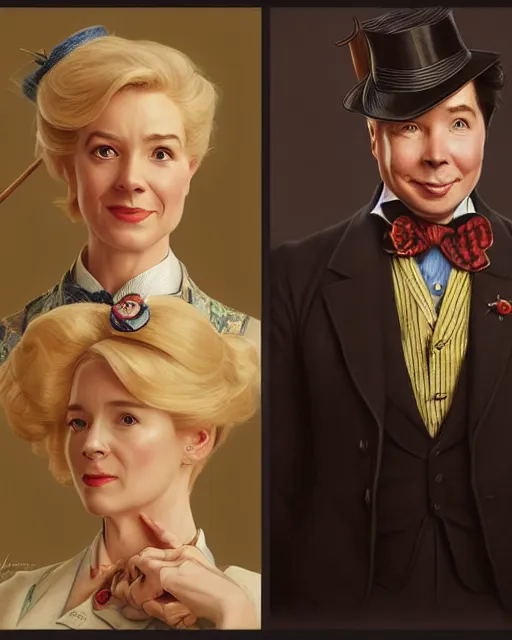 Prompt: Portrait of a  blonde lady and Michael mcintyre as characters in the Mary Poppins,real life skin, intricate, elegant, highly detailed, artstation, concept art, smooth, sharp focus, art by artgerm and greg rutkowski and alphonse mucha