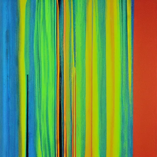 Prompt: Mixed media art. a series of vertical stripes in different colors. 1970s era, DayGlo green by Lucio Fontana, by Thomas Nast minimalist