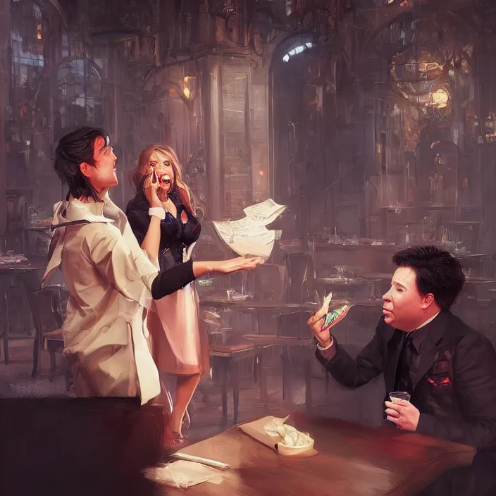 Image similar to michael mcintyre flirting with a singing waitress, elegant, real life skin, intricate artwork, high detailed, artstation, concept art, smooth, sharp focus, art by artgerm and greg rutkowski