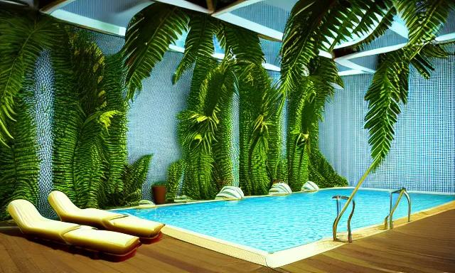 Image similar to 3d render of indoor pool with ferns and palm trees, pool tubes, chromatic abberation, depth of field, 80s photo