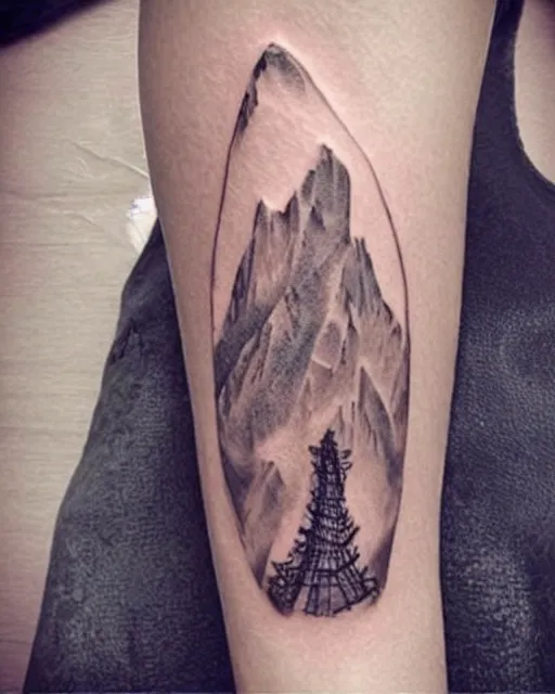 Image similar to amazing double exposure effect tattoo design sketch of megan fox and beautiful mountains, realism tattoo, in the style of matteo pasqualin, amazing detail, sharp