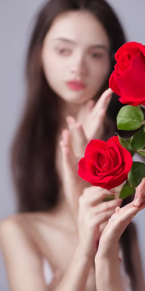 Image similar to a 2 0 years old woman touching a pastel red rose, dramatic angle, pastel style, portrait, beautiful face