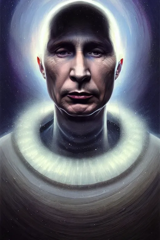 Image similar to a portrait of intergalactic vladimir putin, grim - lighting, high - contrast, intricate, elegant, highly detailed, centered, digital painting, artstation, concept art, smooth, sharp focus, illustration, artgerm, tomasz alen kopera, peter mohrbacher, donato giancola, joseph christian leyendecker, wlop, boris vallejo