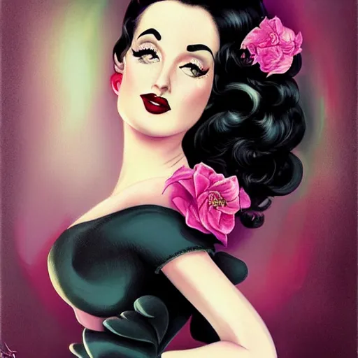 Image similar to a pinup illustration of dita von teese in the style of anna dittmann.