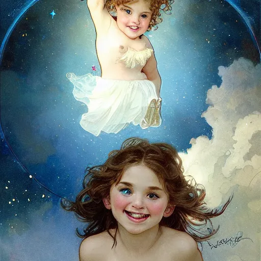 Prompt: a cute little girl with a round cherubic face, blue eyes, and short curly light brown hair laughs as she floats with stars all around her. Beautiful painting by Artgerm and Greg Rutkowski and Alphonse Mucha