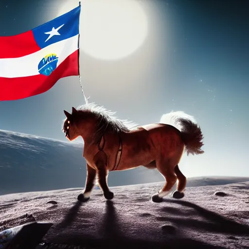 Prompt: A hyper real comic book style portait painting of a persian cat man riding a horse on the moon, Chile flag on the ground, unreal 5, hyperrealistic, octane render, cosplay, RPG portrait, dynamic lighting