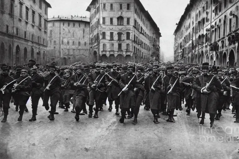 Prompt: occupying army marching through italian - style city, 1 9 0 5, black and white photography