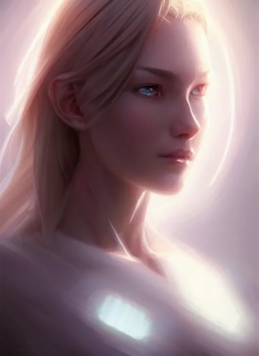 Image similar to digital character concept art by artgerm and greg rutkowski and sylvain sarraih. clear portrait of a shy modern wife blessed by god to grow immaculately fertile and perfect!! blonde, in clothes! holy body! light effect. hyper detailed, glowing lights!! intricate, elegant, digital painting, artstation, smooth, sharp focus